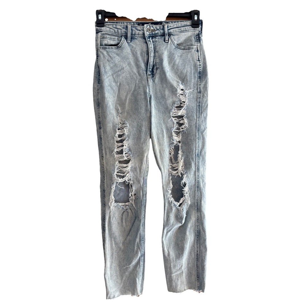 Hollister Womens Sz 5R Ultra Hi Rise Mom Jean Distress Raw Hem Light Wash Baggy‎
